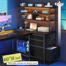 EnHomee Escritorio de ordenador reversible en forma de L con luces LED con control remoto, toma de corriente y 3 cajones de tela, escritorio de esquina para oficina en casa, dormitorio o sala de juegos. - Negro - Ver 5