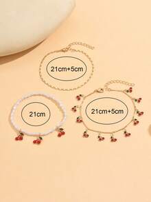 3pcs/Set Summer Vacation Style Sweet Cute Cherry Tassel Anklet, Fashionable Versatile Gold Chain Layered Faux Pearl Beaded Foot Jewelry For Women, Suitable For Daily Wear, Vacation, Party And Date - Multicolor - View 4