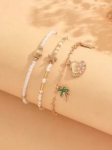 3pcs/Set Summer Beach Vacation Style Rice Bead Gold Anklet, Fashion Popular Coconut Tree Shell Marine Life Multi-Pendant Women's Foot Jewelry, Suitable For Daily Wear And Beach Vacation Travel, Rice Bead Color Is Random And Not Fixed - Multicolor - View 3