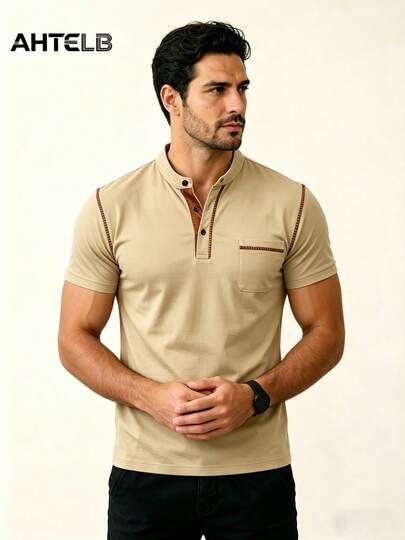  AHTELB Men's Summer Short Sleeve T-Shirt, Casual Henley Neck Polo Shirt, Fashion Versatile Top, Running, Running, Correr, Polos, Polo Manga Corta,