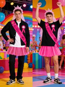 单人派对服装套装，包含粉色绶带、腰带、徽章、蓬蓬裙、皇冠头饰，男女皆宜，生日派对服装，搞笑礼物，选美角色扮演 - 玫紅色 - 查看 7