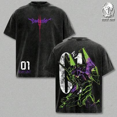 Camiseta Vintage Lavada Unit-01, Camiseta Gráfica de Anime con Mecha EVA Unit 01 de Neon Genesis, Ropa Urbana de Algodón Suave de Talla, Prenda Casual Unisex, Regalo para Fanáticos del Anime