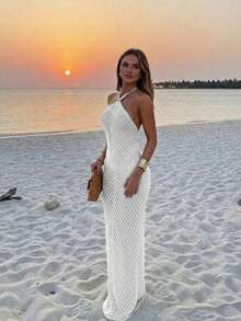 Women's Faux Pearl Decor Camisole Dress, Lace-Up Blue Loose Dress, Bohemian Style Bodycon Pencil Dress. Suitable For Beach Outings, Casual Vacation, Music Festivals, Beach Parties, And Cocktail Events Summer - 白色 - 查看 9