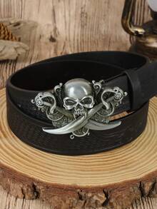 1PC Men's Vintage Western PU Leather Belt, Retro Skull & Swords Buckle Belt, Gothic Style Cowboy Waist Belt For Jeans - A - View 3