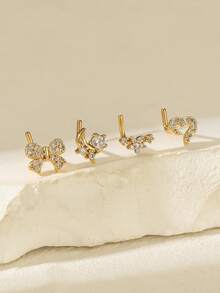 Set 4 buah Anting Hidung Stainless Steel Berkilau Bentuk Hati, Salib, Bunga, dan Angka 7 dari Paduan Tembaga dengan Hiasan Berlian Imitasi, Cocok untuk Pemakaian Sehari-hari Wanita, Hadiah Ulang Tahun, Natal, dan Hari Valentine - Yellow Gold - View 1