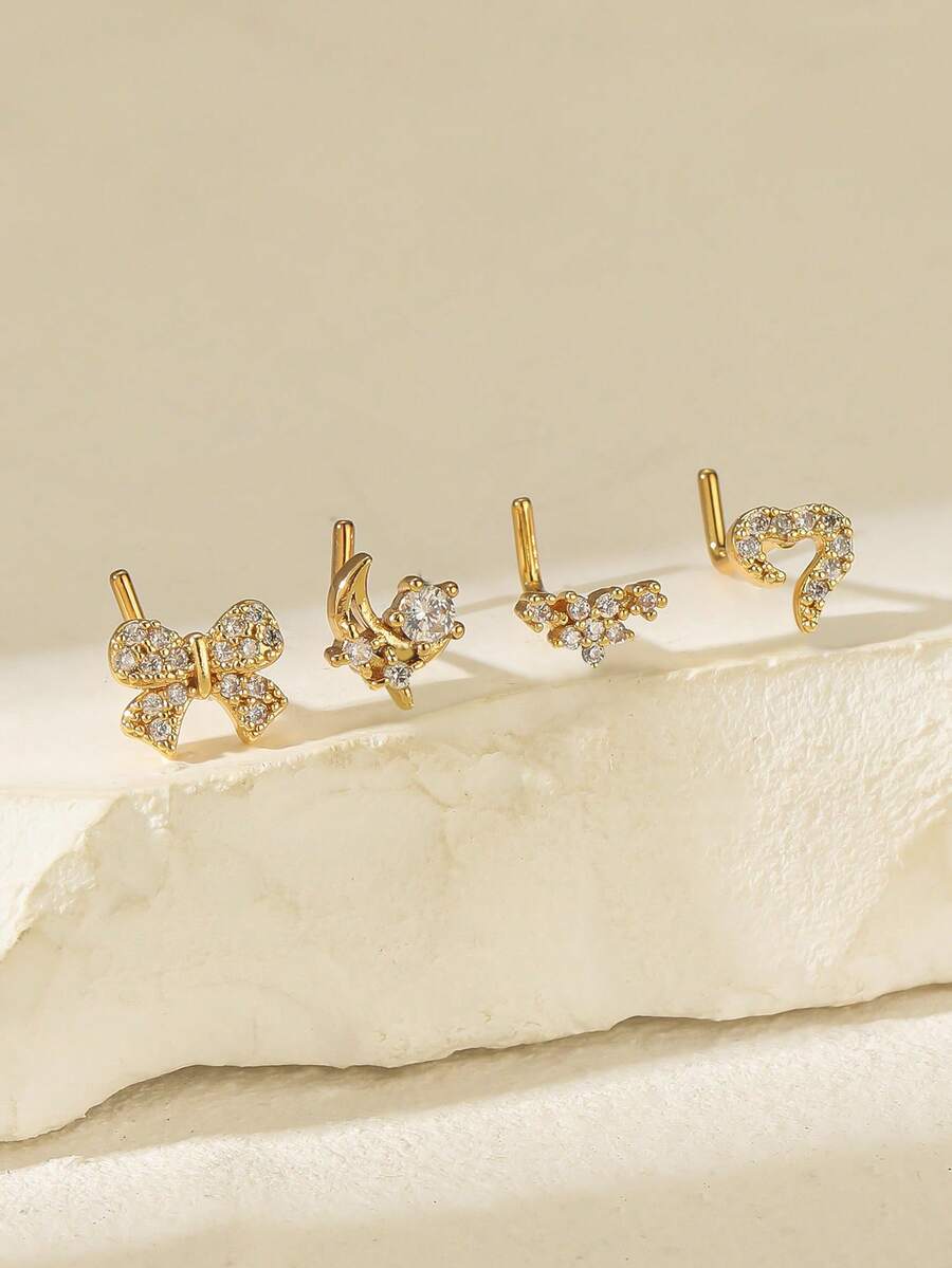 Set 4 buah Anting Hidung Stainless Steel Berkilau Bentuk Hati, Salib, Bunga, dan Angka 7 dari Paduan Tembaga dengan Hiasan Berlian Imitasi, Cocok untuk Pemakaian Sehari-hari Wanita, Hadiah Ulang Tahun, Natal, dan Hari Valentine - Yellow Gold - View 1