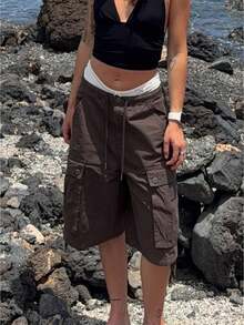 Womens Denim Cargo Shorts Summer Fashionable Drawstring Loose Knee Length Jean Shorts With Pocket - Coffee Brown - View 1