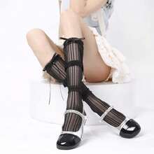 1双优雅蕾丝荷叶边蝴蝶结中筒袜，条纹网眼设计，透气舒适，日式JK风格百搭长袜 - 彩色 - 查看 7