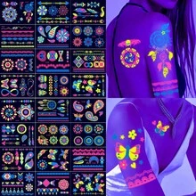 夜光花卉手臂防水临时纹身贴纸，音乐节手臂纹身贴纸，适用于演唱会、夜店、派对的发光纹身贴纸，多种颜色可选，防水面部和身体彩绘贴纸 - 彩色 - 查看 9