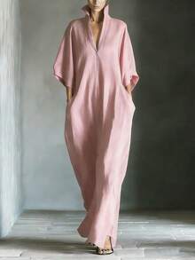 2026 European And American Spring/Summer New Fashion Women's Mid-Sleeve V-Neck Pullover Loose Long Dress - 藏青色 - 查看 5