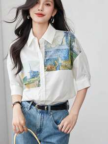 Elegant New Printed Open Short Sleeve Blouse Top For Women, Suitable For Commuting White Vacation Summer - White - View 2