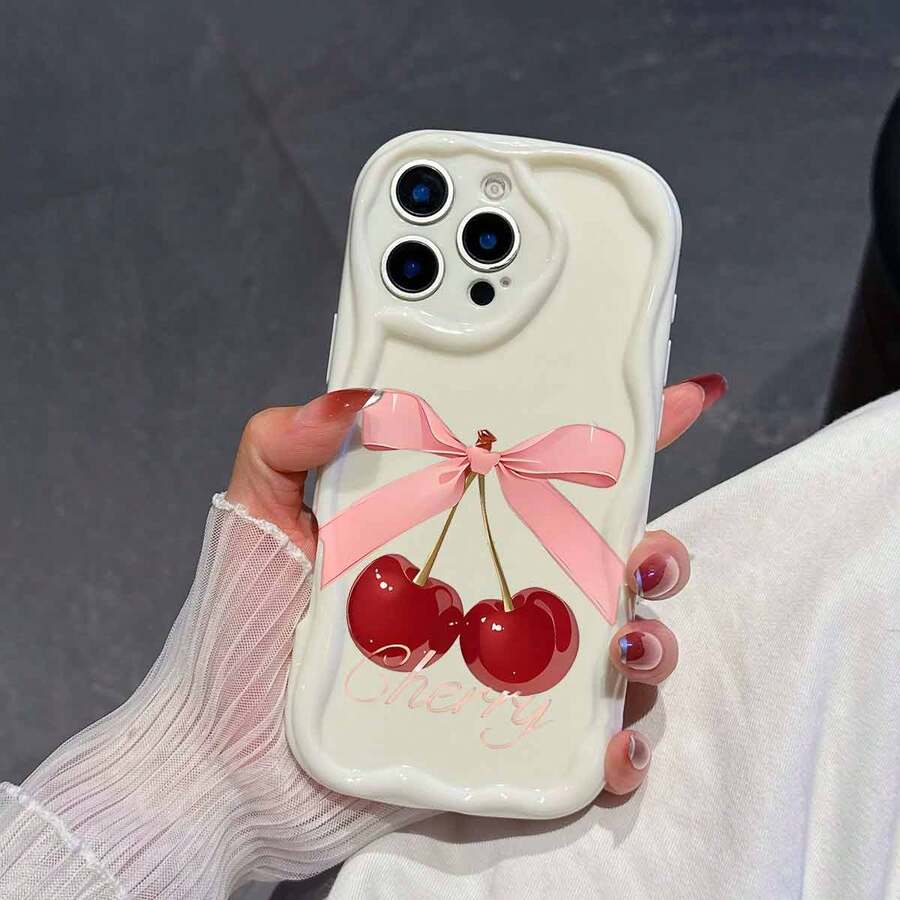 1个可爱TPU材质大樱桃字母元素图案白色奶油纹理全包防震防滑保护手机壳，兼容、荣耀等手机。 - 米色 - 查看 1