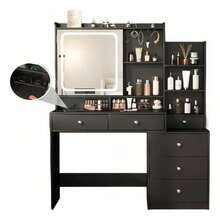 Dressing Table With Drawers For Bedroom, Makeup Table With Mirror And LED Lights, For Bedroom, Makeup Vanity With Power Plug - Black - View 8