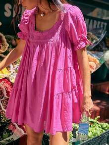 Women Puff Sleeve Babydoll Mini Dress Y2K Lace Trim Ruffle Flowy Dresses Summer Loose Swing Going Out Sundresses - Pink - View 1