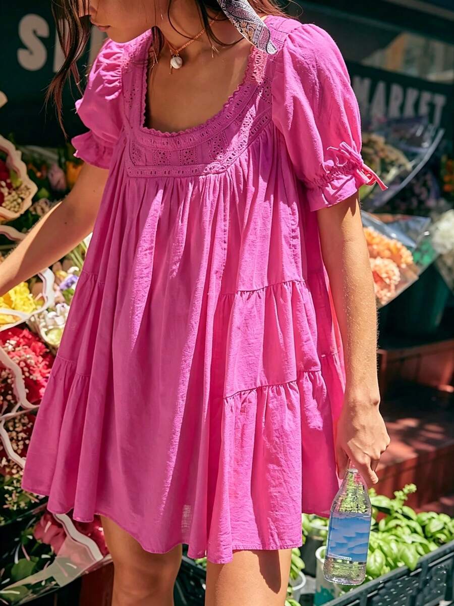 Women Puff Sleeve Babydoll Mini Dress Y2K Lace Trim Ruffle Flowy Dresses Summer Loose Swing Going Out Sundresses - Pink - View 1