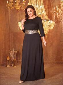 SUPGIR [Random Print] Plus Size Women Long Sleeve Reversible Waist Belt Sequin Patchwork Evening Dress Spring - Gold - View 2