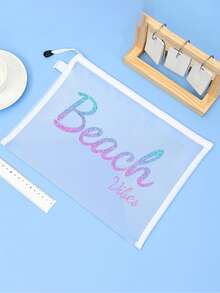 Bolsa de playa de malla impermeable y colorida con estampado impreso "Beach Vibe", temática de playa, bolsa de cosméticos transparente de gran capacidad, bolsa de almacenamiento para viajes de playa de verano, estuche de maquillaje con cremallera de nailon, ligera, puede almacenar protector solar, aperitivos, bikini y artículos esenciales de playa. Almacenamiento de primavera/verano, decoración de dormitorio, vuelta a la escuela - Multicolor - Ver 8