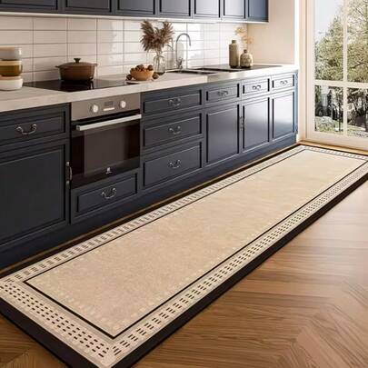 1 pieza Alfombra de esterilla de diatomita con marco negro de color claro, minimalista moderno, felpudo de interior, alfombra de baño, alfombra de cocina, absorbente y de secado rápido, decoración de habitación, antideslizante y duradera, recortable, fácil de limpiar, lavable, decoración del hogar, decoración y protección del piso