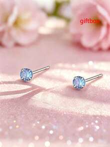 1 Pair S925 Sterling Silver Shiny Blue Zirconia Stud Earrings, Gentle On Ear Piercings, Designed For Daily Wear For Girls, Long-Lasting Luster, Versatile For Festivals, Parties, Or Commuting - Round - View 10