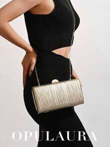 OpulAura Retro Luxury Clutch Bag, Gold Leather Pleated Design Fashion Party Purse, Elegant Box Handbag With Chain Strap, Suitable For Party/Wedding - Vàng - Xem 4