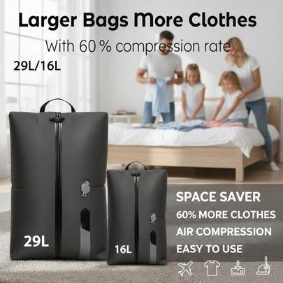 Túi nén chân không du lịch ngoài trời nhẹ, tái sử dụng, dung tích 29L/16L, có khóa kéo và van một chiều.