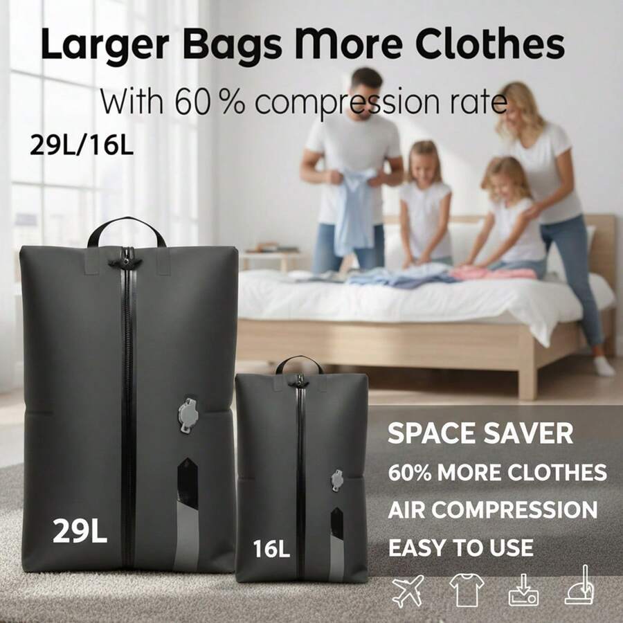 29L/16L Lightweight Reusable Outdoor Travel Vacuum Compression Bags With Zipper Seal And One-Way Valve Design