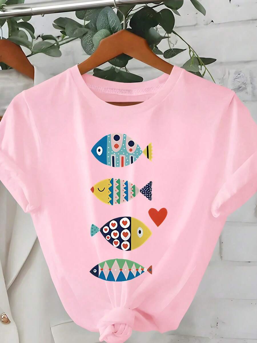 Plus Size Round Neck Short Sleeve T-Shirt, Made Of High Elasticity Fabric, Printed With Colorful Fish Pattern - Pink - View 1