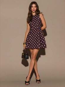Vestido elegante de unicolor sin mangas con dobladillo con volantes y cintura elástica para citas en otoño para mujer - Marrón - Ver 8