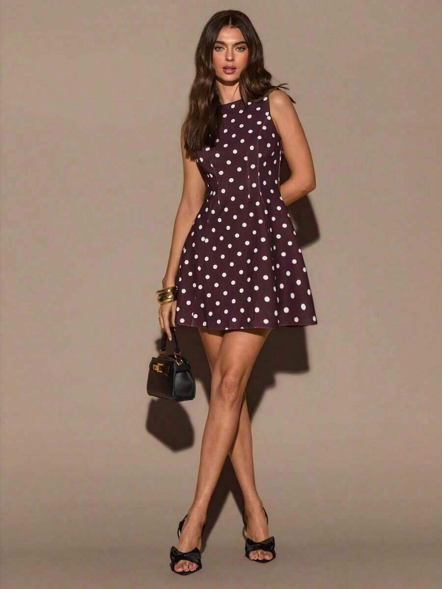 Vestido elegante de unicolor, cintura entallada y corte evasé sin mangas, para citas en otoño - Marrón - Ver 1