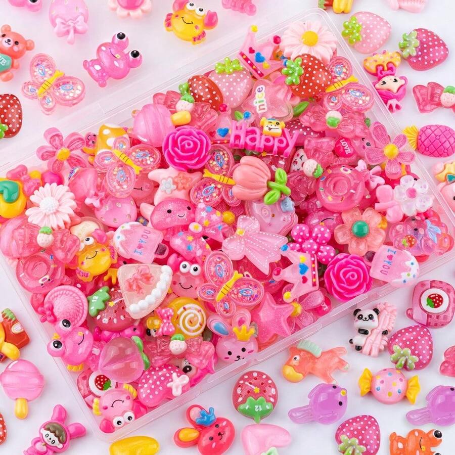 100PCS Slime Charms Jelly Cute Flatback Resin Charms For Slime, Random Kawaii Decoden Charm For Embellishments Phone Junk Case Charm Bulk, Scrapbooking Crafting & DIY Decor (Multicolor) - 玫瑰粉色-100個 - 查看 1