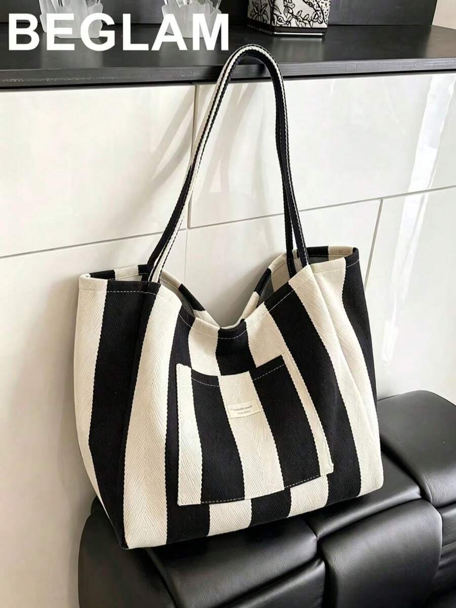Túi xách tay kẻ sọc phong cách retro, túi đeo vai bằng vải canvas kiểu Hàn Quốc dung tích lớn, phù hợp cho phụ nữ đi du lịch và nghỉ dưỡng (kẻ sọc bất đối xứng trên túi và thân túi). - màu đen - Xem 1