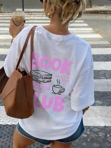 Summer New Simple Fashion INS Literary Healing Black & Red Contrast Book Pile Print Casual Round Neck White Short Sleeve T-Shirt, Fashionable & Versatile Women Top-Skin-Friendly-Skin-Friendly - 白色 2 - 查看 12