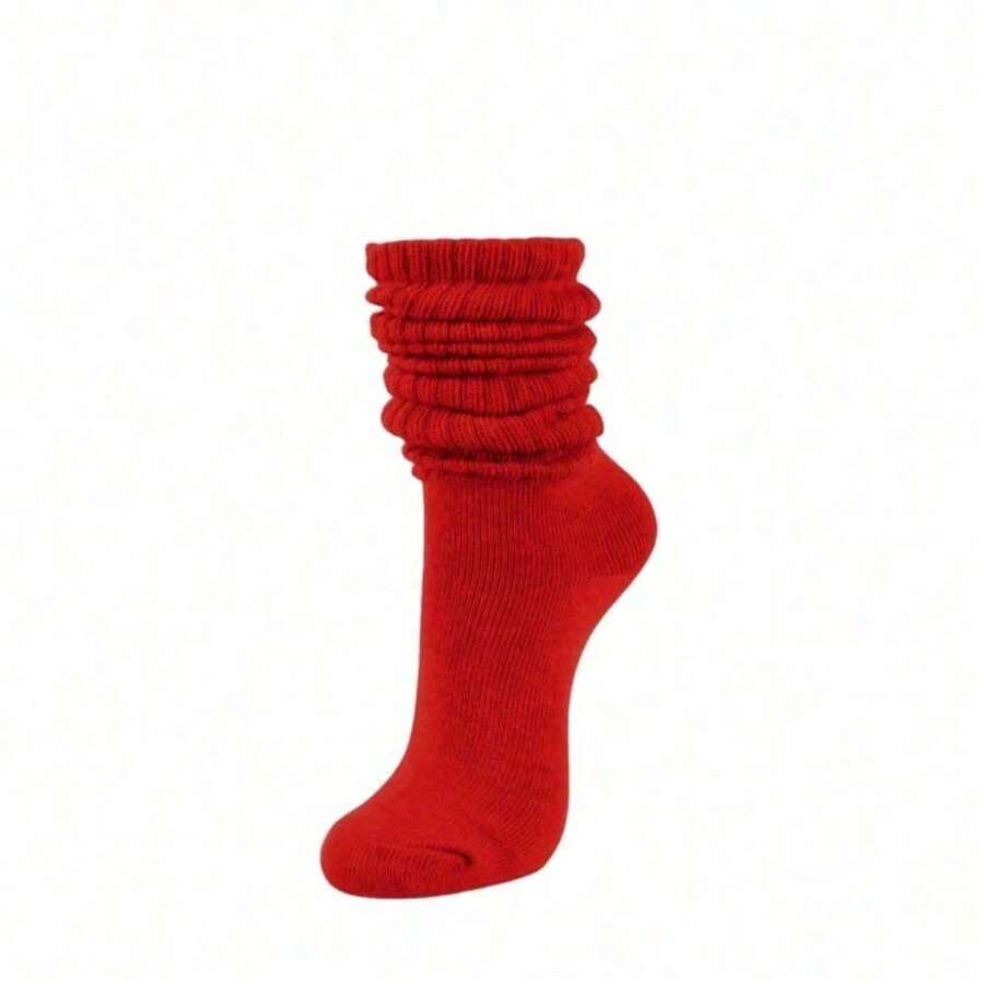 1Pair Women's Slouchy Crew Socks, Fall Winter, Thick, Slouch, Red, Soft And Comfortable, Mother's Day Moisture-Wicking, Fashion Daily Wear, Cross Fit Sock, Red School Sock, Christmas - Red - View 1