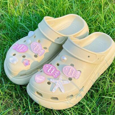 11 Stück/Set, süße Katze und Fisch, rosa transparente Seesterne und Muscheln im Ozean-Stil Clogs DIY Dekorative Accessoires - abnehmbare 3D-Ornamente, perfekt für Gartenschuhe