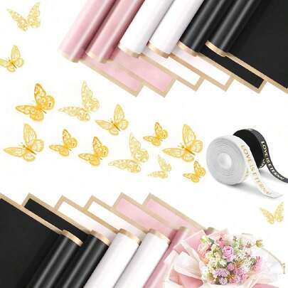 1 set, Papel de envolver flores, Papel de embalaje impermeable para ramos de florista con cinta de satén, mariposas 3D, papel de envolver floral con borde dorado para bodas, Día de la Madre, graduación, cumpleaños, manualidades DIY, embalaje de ramos