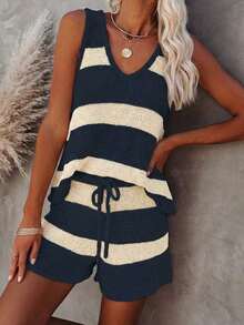 Conjunto de punto de chaleco y pantalones cortos a rayas de contraste de cuello en V, estilo elegante y relajado, adecuado para el uso diario, vacaciones, salidas a la playa en verano - Azul marino - Ver 4