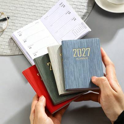 1pc A7 Size 2027 British Style Calendar Notebook, 64 Sheets/128 Pages Thin Weekly Calendar, 365 Days Planner, Mini Portable Pocket Diary, Faux Leather Small Notepad, 4.17*3.07 Inches