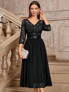 MIUSOL Elegant V-Neck Sequin Floral Lace Ruched Chiffon 3/4 Sleeve Prom Party Swing Dress, Spring Summer Dress, A-Line Dress, Midi Dress Black - Black - View 8