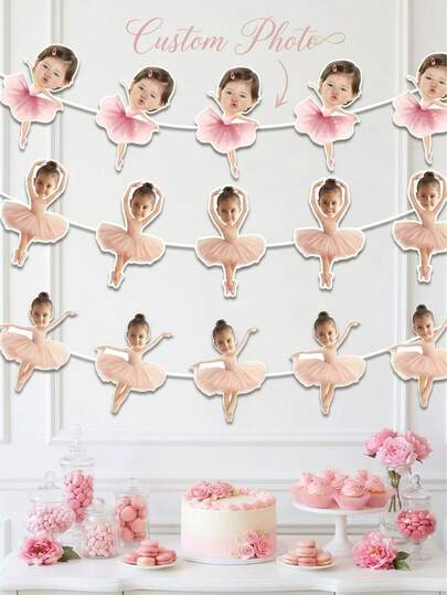7/14/21pcs Customized Ballet Dancer Photo Banner, Personalized Baby Face Colorful Flag, Unique Pink Ballet 1/2 Year Old Birthday Party Decor, Ballet Theme Decoration Garland