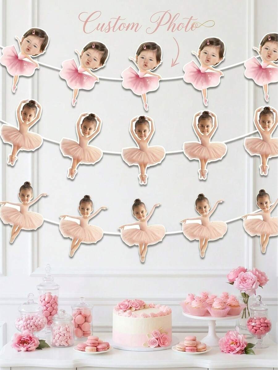 7/14/21pcs Customized Ballet Dancer Photo Banner, Personalized Baby Face Colorful Flag, Unique Pink Ballet 1/2 Year Old Birthday Party Decor, Ballet Theme Decoration Garland - Multicolor - View 1