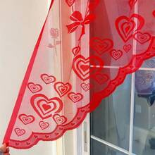 1 pieza Cortina de encaje rojo romántico con lazo de rosa en forma de corazón melocotón, cortina transparente romántica elegante para café, con bolsillo para barra, adecuada para dormitorio, comedor, baño, ventanas pequeñas de entrada, decoración de boda - Rojo - Ver 12