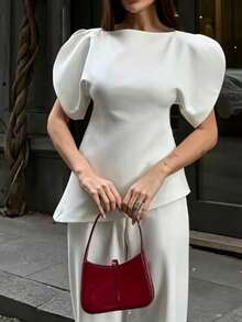 Top décontracté à manches bouffantes à la mode pour femmes, style européen et américain, blanc printemps/été - Blanc - Voir 4