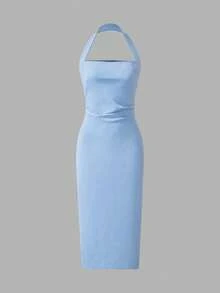 Đầm dài ngang gối thanh lịch dành cho nữ, thích hợp cho kỳ nghỉ, các buổi gặp gỡ hàng ngày, tiệc tùng và các sự kiện cocktail. - Màu xanh nhạt - Xem 5