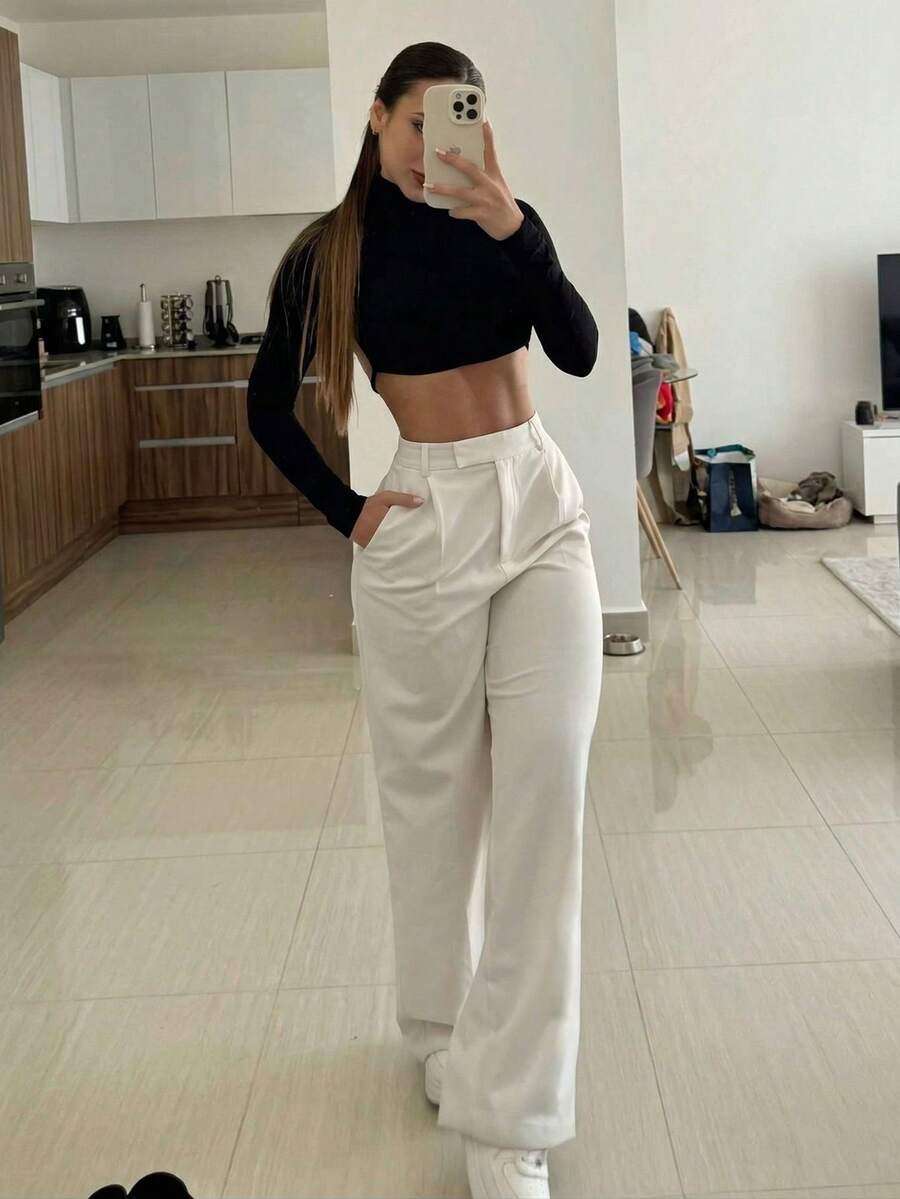 Pantalones de vestir de cintura alta y pierna ancha para mujer, pantalones elegantes con pliegues y caída hasta el suelo, pantalones casuales de corte slim, ropa de oficina blanca, estilo minimalista y elegante para la calle en primavera - Blanco - Ver 1