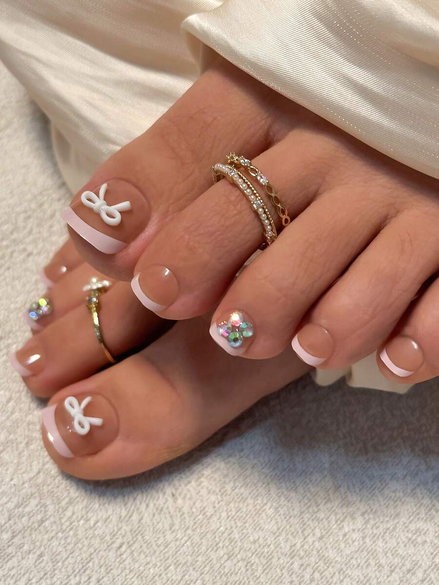 24pcs Press-On Fake Nails For Toes, French Nails, Nude Toes Nails, Bow Decoration Nails,AB Sparkling Rhinestone Decorative Nails,Wearable Nail Art Halffinished Board For Applying Nails, Full Coverage Glossy Daily Fake Nails, Ladies Reusable, Easy To Wear And Remove, With Jelly Glue And Nail File DIY Nail Supplies, Suitable For Party, Dance Party, Etc. - Pink - View 1