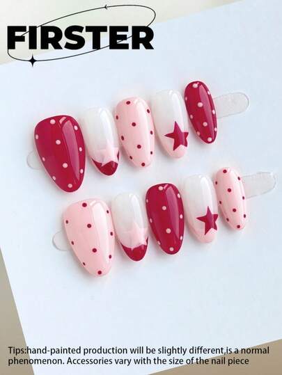10pcs Short Almond Handmade Press On Nails, Red Pink White Polka Dot & Star Fake Nails, Y2K Contrast Color Nail Art, Glossy Finish, Reusable Acrylic Nails For Summer Daily Wear
