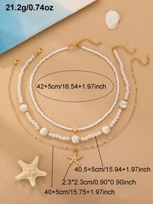 3件套时尚海滩度假风贝壳海星吊坠项链套装，海洋主题女孩项链 - 彩色 - 查看 5