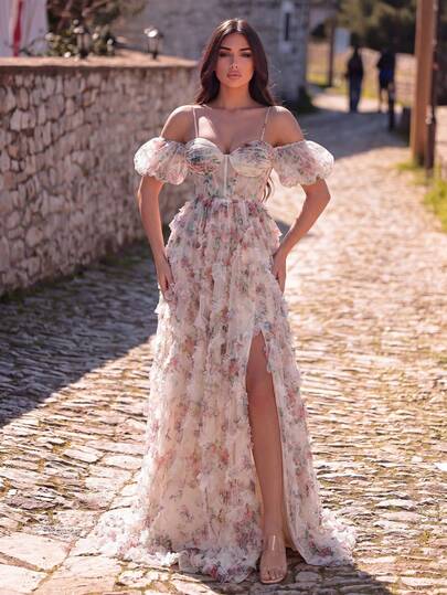 Faeriesty Đầm dạ hội in họa tiết trễ vai sang trọng, tay phồng, xẻ cao, dáng chữ A, thích hợp cho các bữa tối trang trọng, đám cưới và tiệc cocktail.