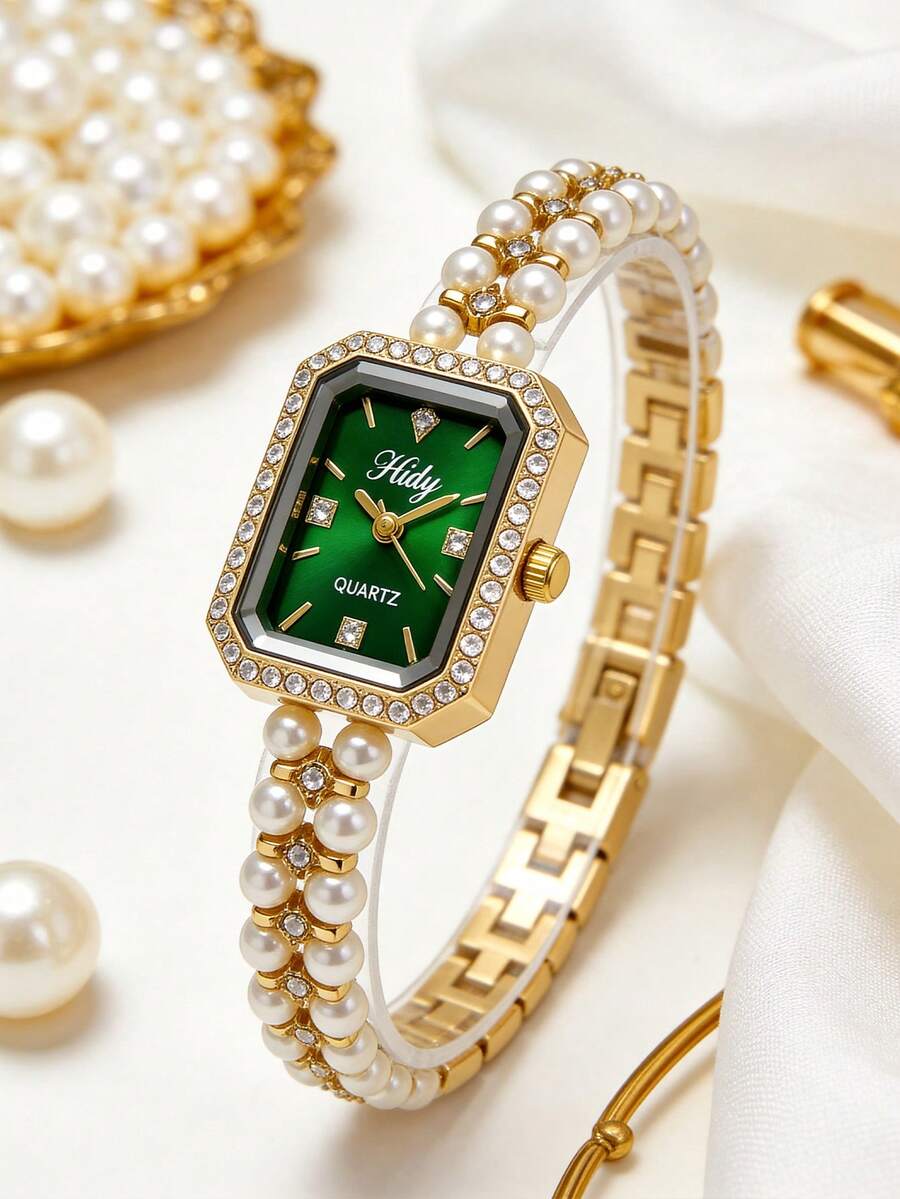 一款优雅复古女士石英表,小巧方形表盘,镶钻表圈,珍珠水晶表带,合金表壳,奢华简约,适合日常通勤、工作、聚会、婚礼等场合,是生日、周年纪念日、母亲节送给妻子、姐妹、朋友和家人的理想礼物。 - 綠色 - 查看 1