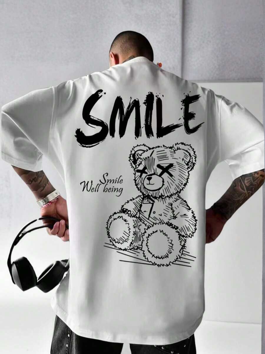 Camiseta de manga corta con elemento impreso minimalista y versátil casual para hombres - Blanco - Ver 1